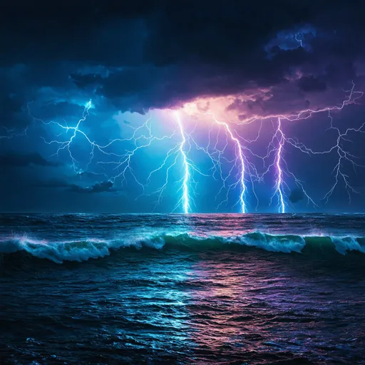 Prompt: Picture a breathtaking stormy sea, aglow with rainbow particles and shimmering starlight. A scene of unparalleled magnificence rendered in mesmerizing 4K detail. The neon-inspired style adds an electrifying aura, engulfing viewers in a world as vivid and intricate as it is vibrant and alive.