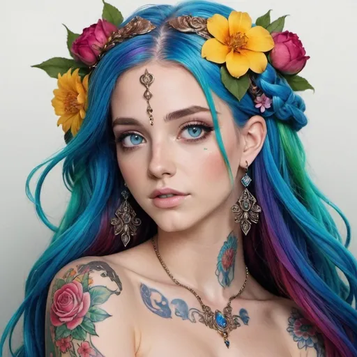 Prompt: beautiful goddess, long rainbow hair, blue eyes, flower tattoos, earrings, detailed