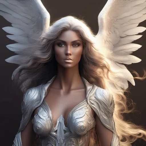 Prompt: As the wind whispers through her flowing ashen hair, the female archangel radiates strength and elegance. Her luminous tanned skin glistens under the ethereal light, embodying power and beauty in equal measure. The intricate details of her form reflect her unwavering confidence, while her mesmerizing face exudes a sense of timeless wisdom and grace. Standing tall, she exudes a presence that commands respect and awe, a celestial being embodying both divine might and otherworldly allure