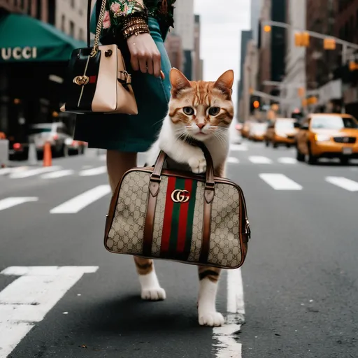 Prompt: A cat walking on New York City road with Gucci brand bags in her hands