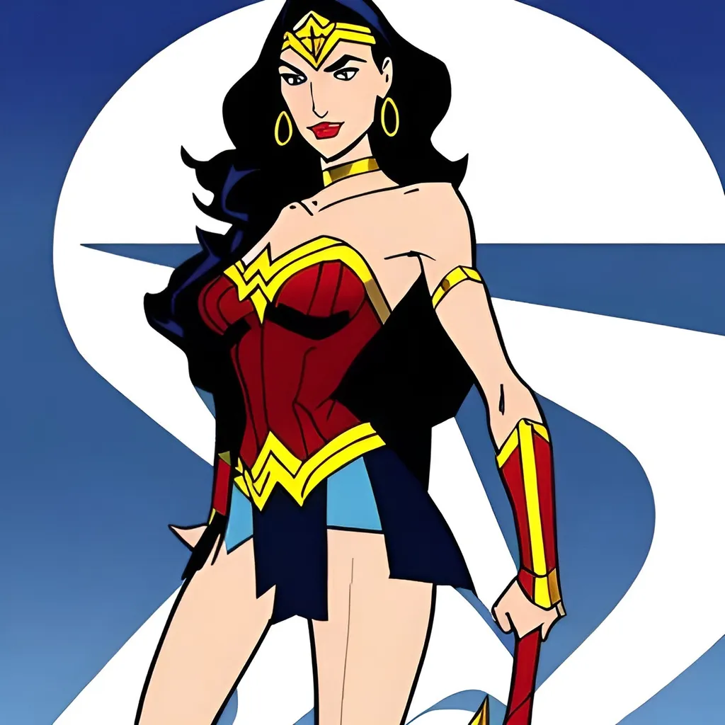 Prompt: full body Gal Gadot as Wonder Woman in the style of "Justice League Unlimited" cartoon by Bruce Timm
