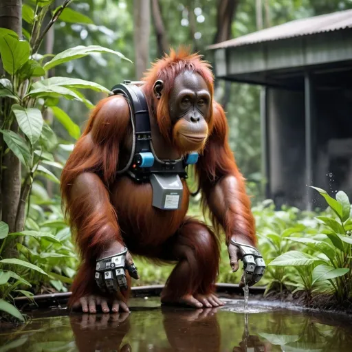 Prompt: a robot orangutan with his hand can water plant and firefighting