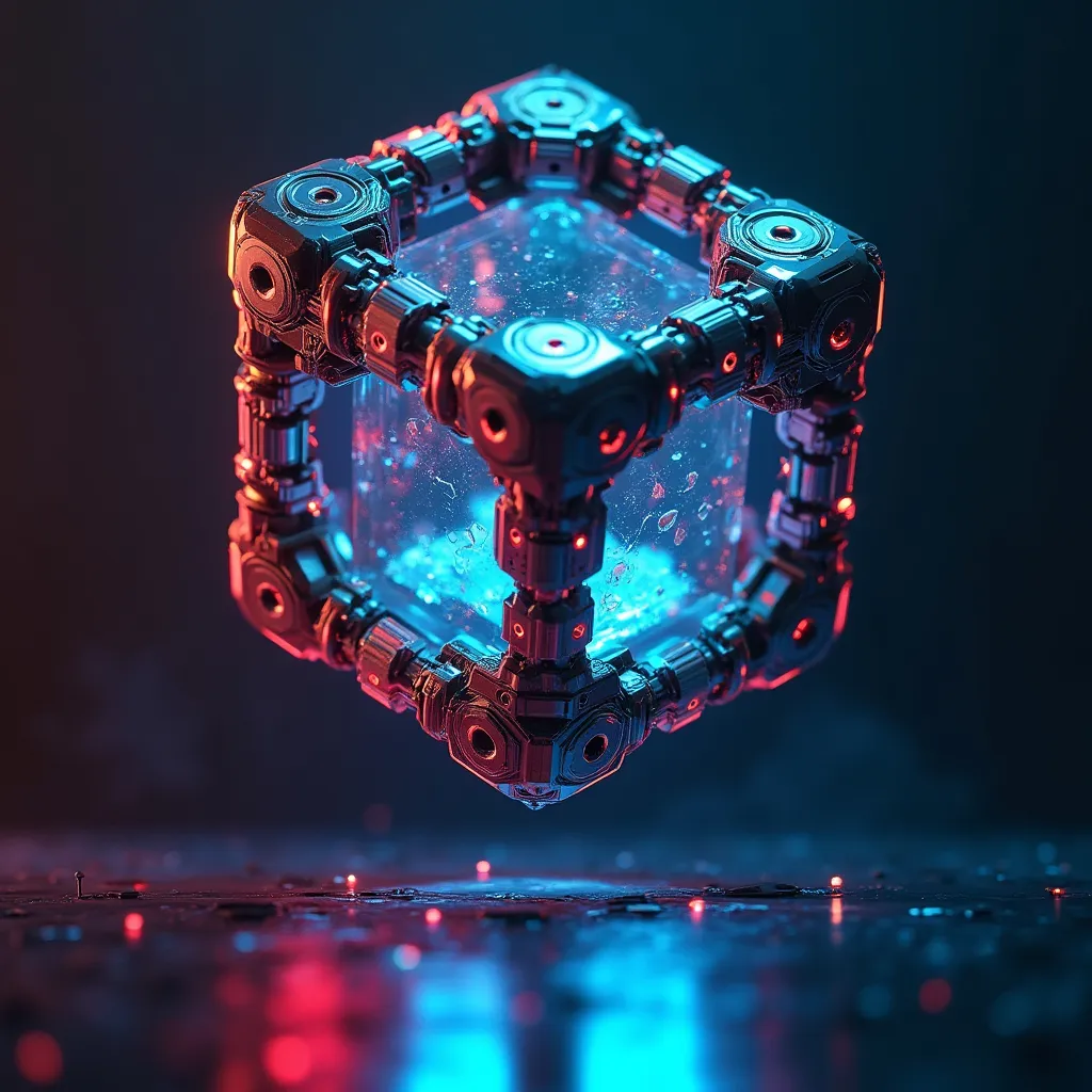 Prompt: Crie um Cubo Mágico tecnológico num visual realista cyberpunk, com tons de metal e neon. O cubo está suspenso no ar. A camera está vendo o cubo de baixo pra cima, olhando pela face debaixo.