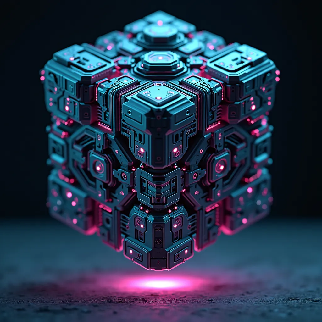 Prompt: Crie um Cubo Mágico 4x4x4 tecnológico num visual realista cyberpunk, com tons de metal e neon. O cubo está suspenso no ar. A camera está vendo o cubo de baixo pra cima, olhando pela face debaixo.