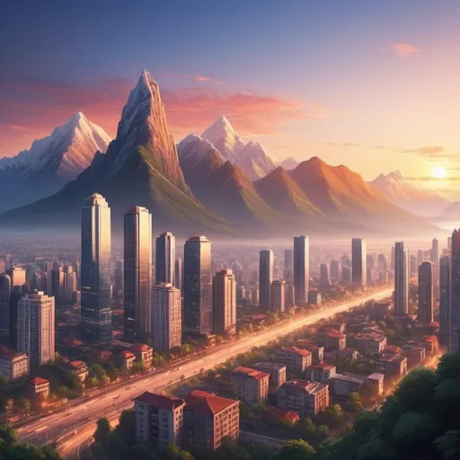 Prompt: A cute city with skyscrapers at a beautiful dawn on one side that is left and a beautiful sunrise at the right,the city should be with a beautiful mountain scenery 