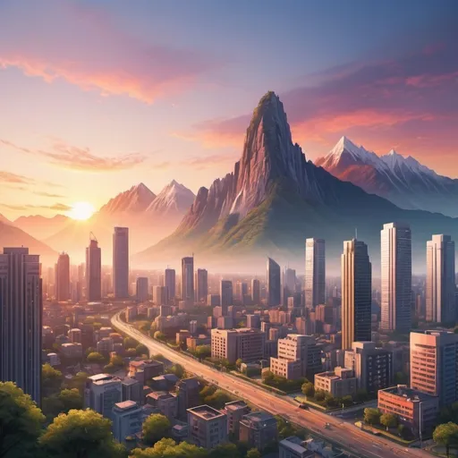 Prompt: A cute city with skyscrapers at a beautiful dawn on one side that is left and a beautiful sunrise at the right,the city should be with a beautiful mountain scenery 