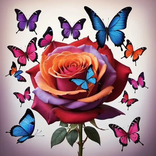 Prompt: A red rose surrounded by purple,white,orange,pink,maroon, black, elegant blue,and red butterflies 