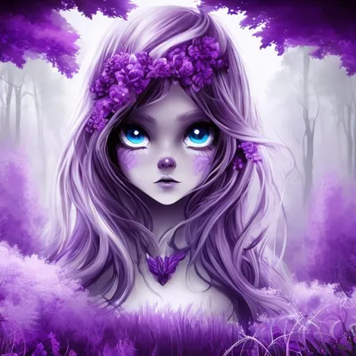 Prompt: Purple forest whit purple  girl whit blue eyes