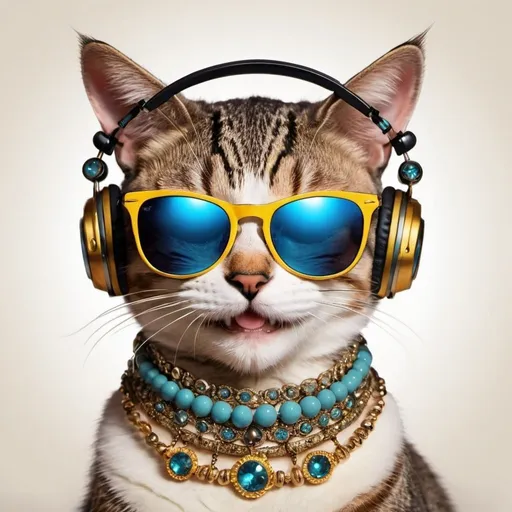 Prompt: Funky picture with cat wearing jewellery and shades and is listening to music via headphones….smiling and grooving