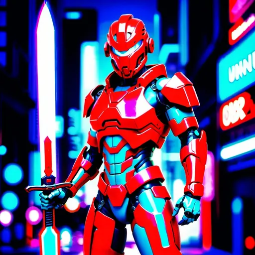 Prompt: Red Rangers Cyberpunk Art, Led light, Cyberbunk city background, full body, sword cuberpunk, metallic armor glinting in neon lights