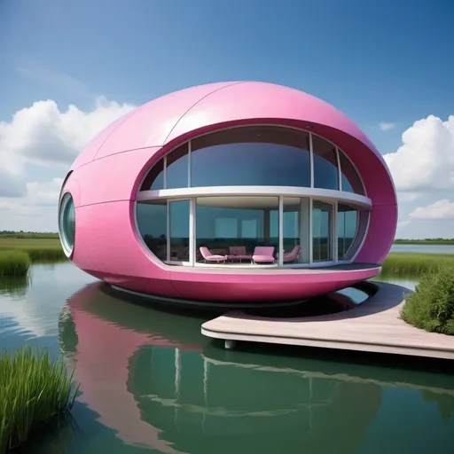 Prompt: Create a rounded  futuristic looking house on the water that is artistic and with great landscape.. Colors of tiel and pinks.