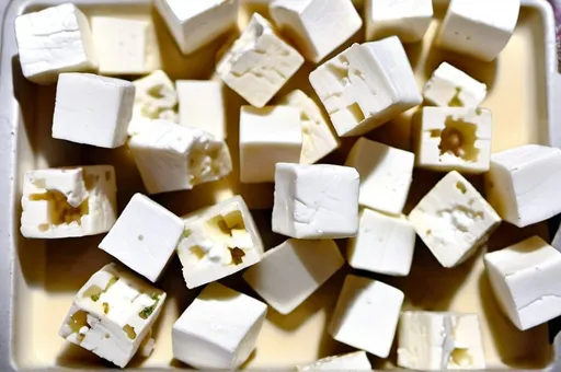 Prompt: Quality image,white feta cheese cubes, from above