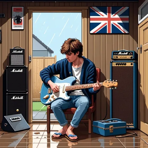 Prompt: A pixel art image of s young man sat in his garage playing his electric guitar through a marshall amplifier, he has brown mid-short hair and is wearing a blue cardigan and shorts on his legs, he has flipflops on his feet, the garage door is open and it is raining outside, there is a british flag on the wall, there is an empty beer bottle on cigarette in an ashtray beside him on the floor.