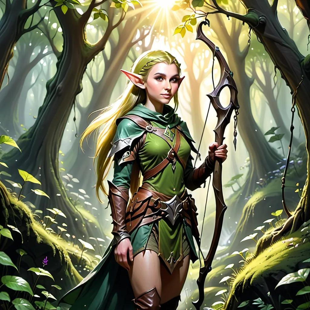 Prompt: Elf ranger in a mystical forest around sunlight