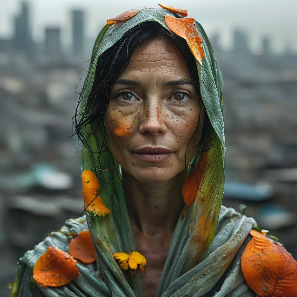 Prompt: A troubled mature woman standing amidst a grey zrea of the city at dusk, her skin  covered with some colorful  fruit and vegetable peels a d so e rotten organic waste that cascade like a natural cloak. Soft lighting creates a warm glow on her calm, contemplative expression, reflecting a sense of harmony between nature and ur ban life. The scene balances urban energy with a peaceful, organic aesthetic, captured in cinematic lighting, photorealistic style.