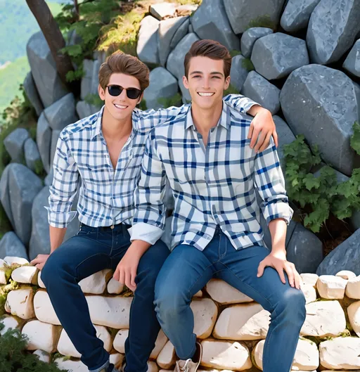 Prompt: Two young men sit closely together on a low stone wall, exuding a sense of camaraderie and joy. One wears a crisp white shirt and the other a stylish plaid shirt in shades of blue and gray, both sporting casual jeans. They smile warmly at the camera, conveying an inviting atmosphere, while a rocky terrain and greenery form their backdrop, hinting at an outdoor location, possibly a hillside or park. The sun casts a natural light over the scene, enhancing the vivid colors of their outfits and the textured surface of the stone wall, which is coated in white paint and accented with red lines. The overall vibe is cheerful and relaxed, suggesting a moment of friendship captured in a beautiful setting.