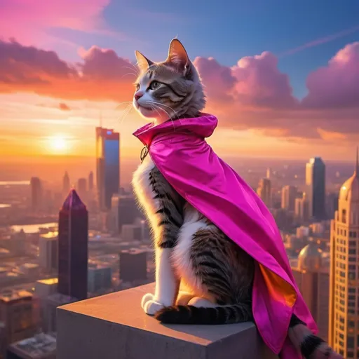 Prompt: (Cat girl), perched elegantly atop a gleaming skyscraper, vibrant sunset illuminating her figure, playfully colorful attire fluttering in the breeze, dynamic cityscape below, with twinkling lights, soft clouds blending into vivid pink and orange hues, enchanted atmosphere, whimsical, adventurous feel, (high detail), (4K), charmingly upbeat mood.