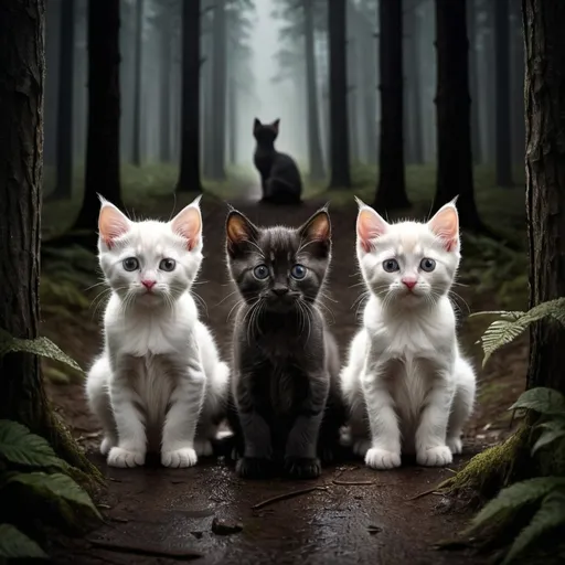 Prompt: Three kittens stand hesitantly at the entrance to a dark and gloomy forest.