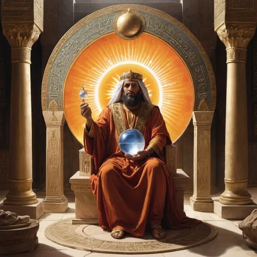 Prompt: arabic king solomon in his temple holding an crystal sphere with the sun inside