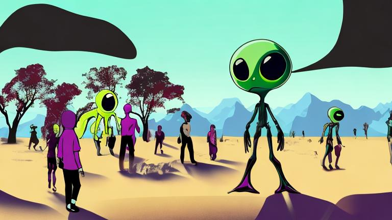 Prompt: Generate an image with the people in the background and the alien ahead 