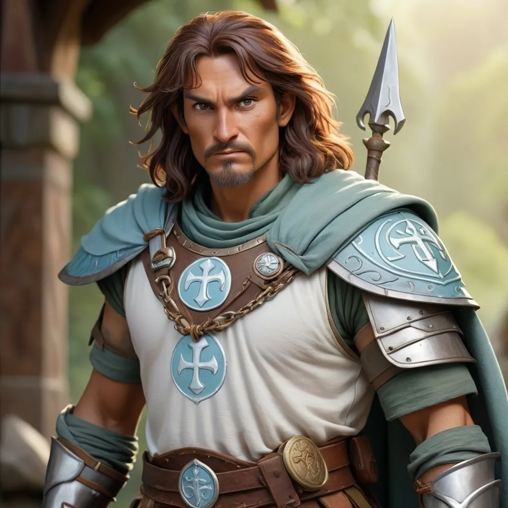 Prompt: Theren Lightbringer

Age/Gender/Ethnicity: 49-year-old male human (Chondathan)
Build: 5 foot 9 inches, 155 pounds.
Hair: Brown
Eyes: Green
Skin: Tanned and weathered

Armor: Practical chain mail armor with Ilmater’s symbol, rugged
Robe/Tunic: Flowing, sleeveless in white and pale blue
Holy Symbol: Prominent Ilmater symbol on the shield
Staff: Sturdy, practical with charms and tokens
Pose and Setting: Dynamic pose. Background could be a bustling marketplace.