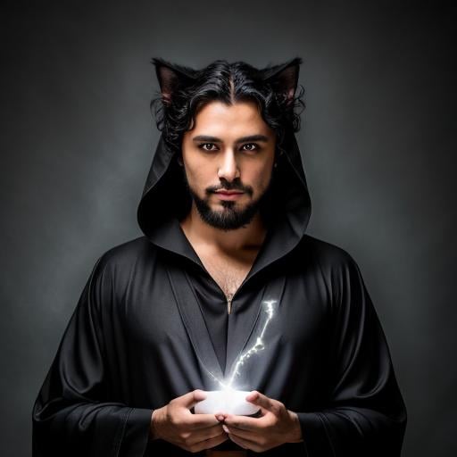 Prompt: A Cat Dark medium hair, french goatee, wizard robes, creating magic, white light background, 4k, cinematic