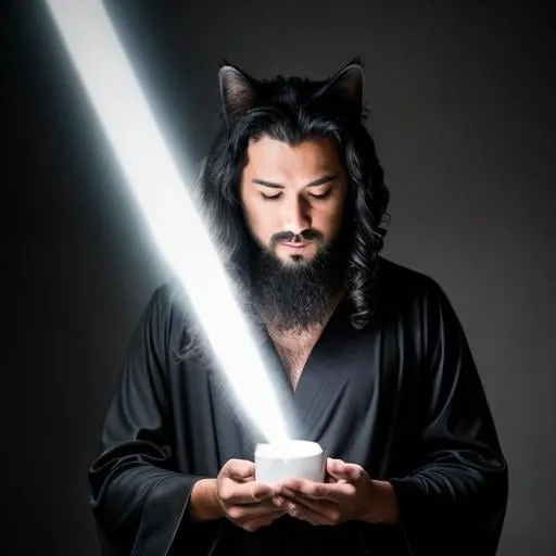 Prompt: A Cat Dark medium hair, french goatee, wizard robes, creating magic, white light background, 4k, cinematic