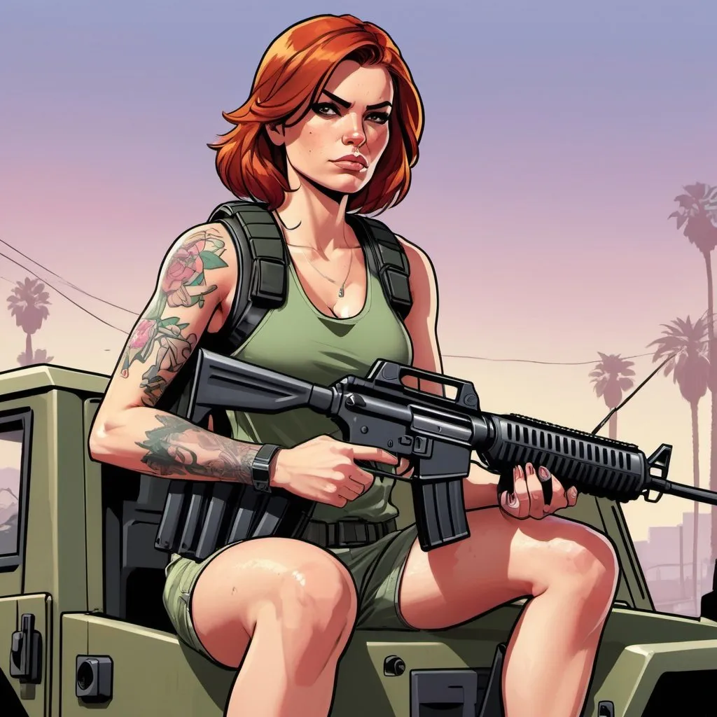 Prompt: GTA V cover art, auburn haired woman sat on hood of Humvee, carrying sub-machine gun and wearing body armour, cartoon illustration