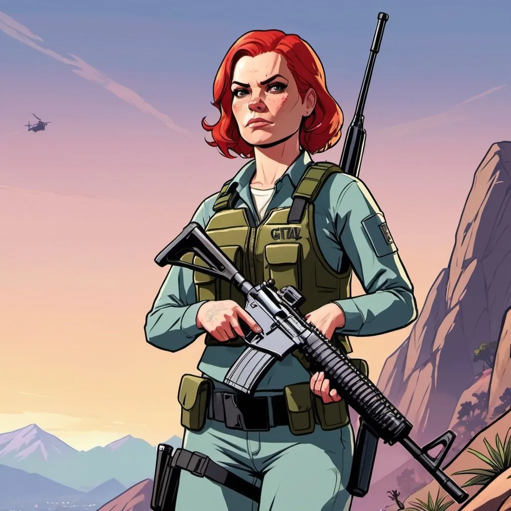 Prompt: GTA V cover art, redhead woman on the mountain at dusk, carrying rifle and wearing body armour, cartoon illustration