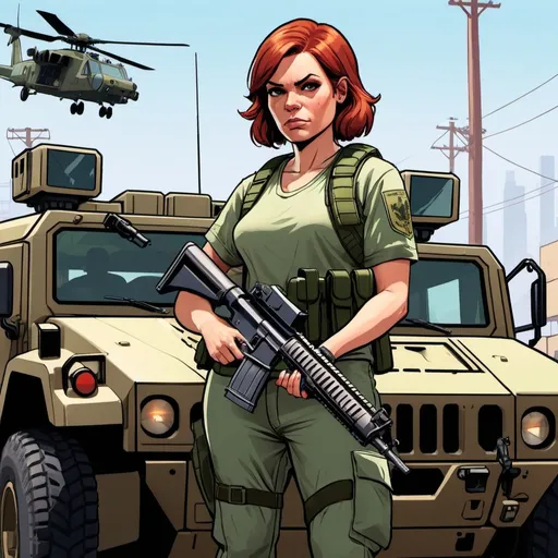 Prompt: GTA V cover art, auburn haired woman sat on the hood of a Humvee, carrying an assault rifle and wearing full military gear including body armour, cartoon illustration