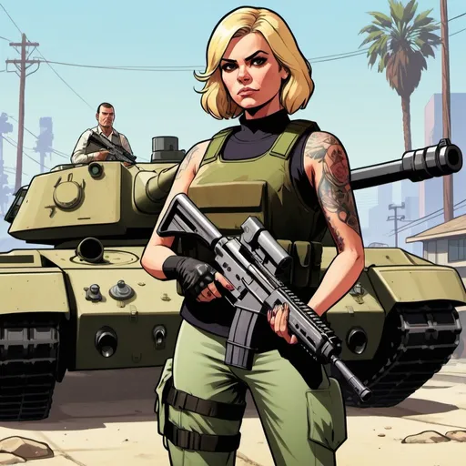 Prompt: GTA V cover art, blonde woman stood near a tank, carrying an assault rifle and wearing full military gear including body armour, cartoon illustration