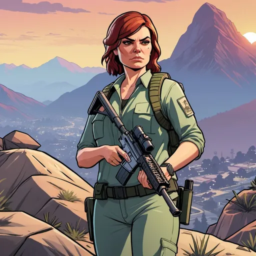 Prompt: GTA V cover art, auburn haired woman on the mountain at dusk, carrying sniper rifle and wearing body armour, cartoon illustration