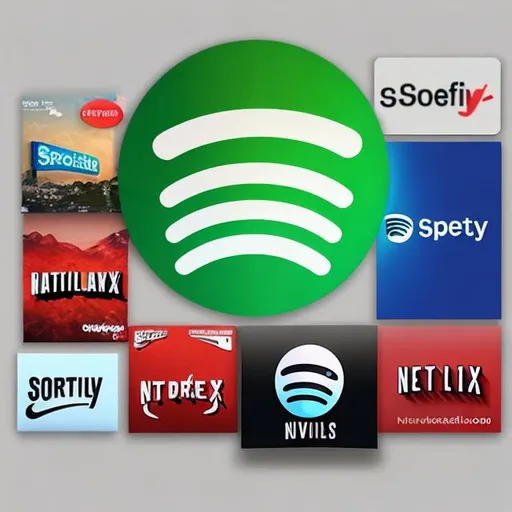 Prompt: A digital picture displaying 3d logos such as spotify, netflix, canva, adobe cloud.