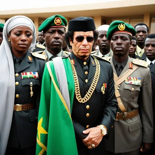Prompt: Muammar Gaddafi in military uniform shinning like a star, african union flag behind him, sorrounded by female bodyguards in hijab and military gear. the bodyguards should be FEMALE ARABS AND BLACKS