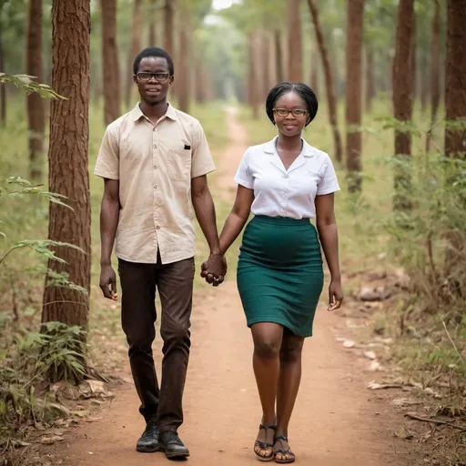 Prompt: a young couples from zambia. the lady should be brown. the lady wearing  medical specs. holding each others hands walking in the forest
