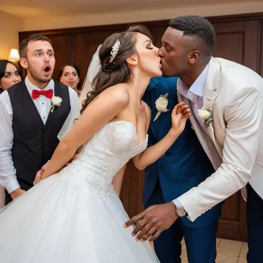 Prompt: young lady with wedding gown kissing a broke guy infront of his fiance on his man during the wedding. the fiance is shocked
