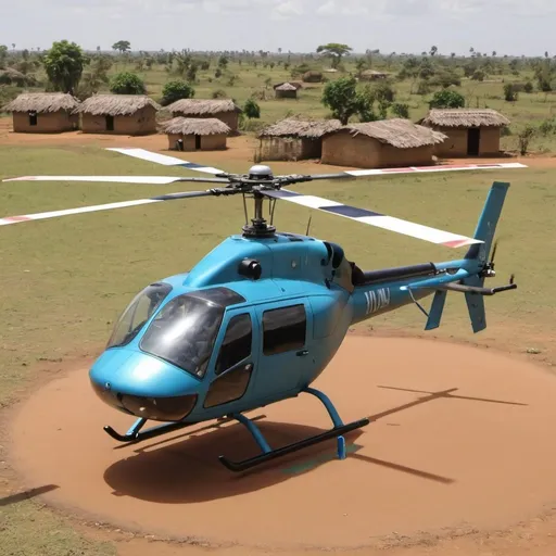 Prompt: create a YouTube thumbnail for African homes-made helicopters, make it unique, attractive, exiting, and a mavel. should be able to see the whole helicopter, a group of Africans in the village looking excited, and children playing. the helicopter should not be 100% fine; it should look hand-made, and the exterior body of the helicopter should not be smooth 