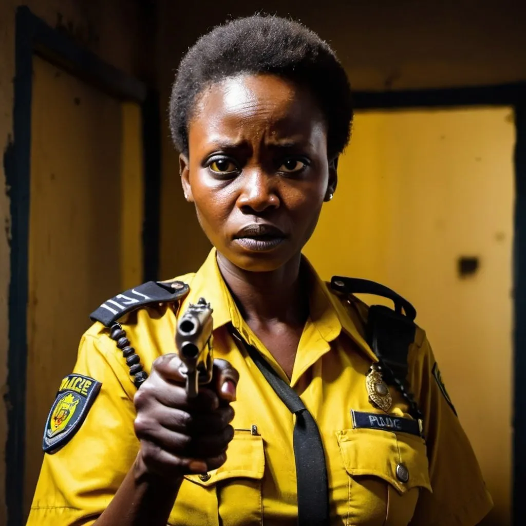 Prompt: a kenyan lady cop killer in police uniform holding a gun in a dark spot wearing a yellow huddy looking scared
