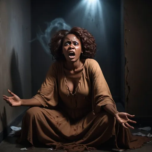 Prompt: an african beautiful brown lady having demonic Spiritual Attacks sitting in a dark corner wit clothes torn, scared  ghosts attacking