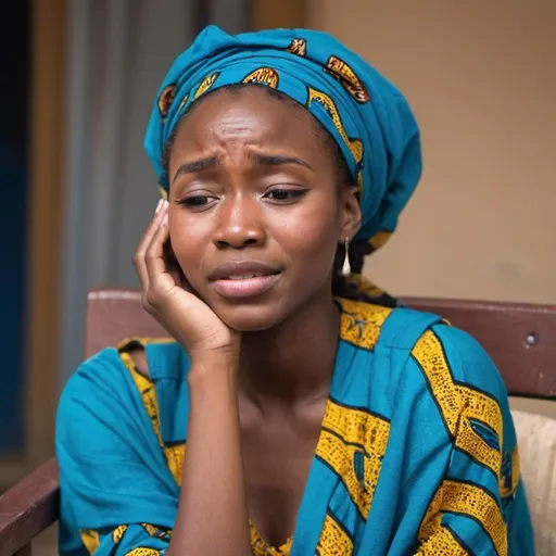 Prompt: a beautiful young lady from Africa sideways, crying, nicely dressed, sitting down, narrating.