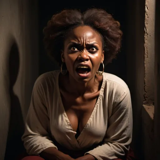 Prompt: an african beautiful brown lady having demonic Spiritual Attacks sitting in a dark corner, scared