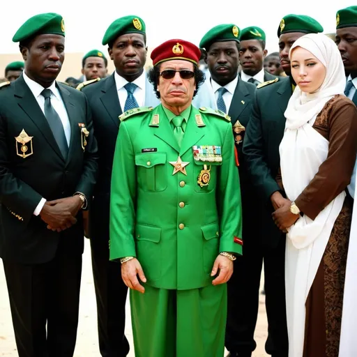 Prompt: Muammar Gaddafi in military uniform shinning like a star, african union flag behind him, surrounded by female bodyguards in hijab and military gear. the bodyguards should be FEMALE ARABS AND BLACKS