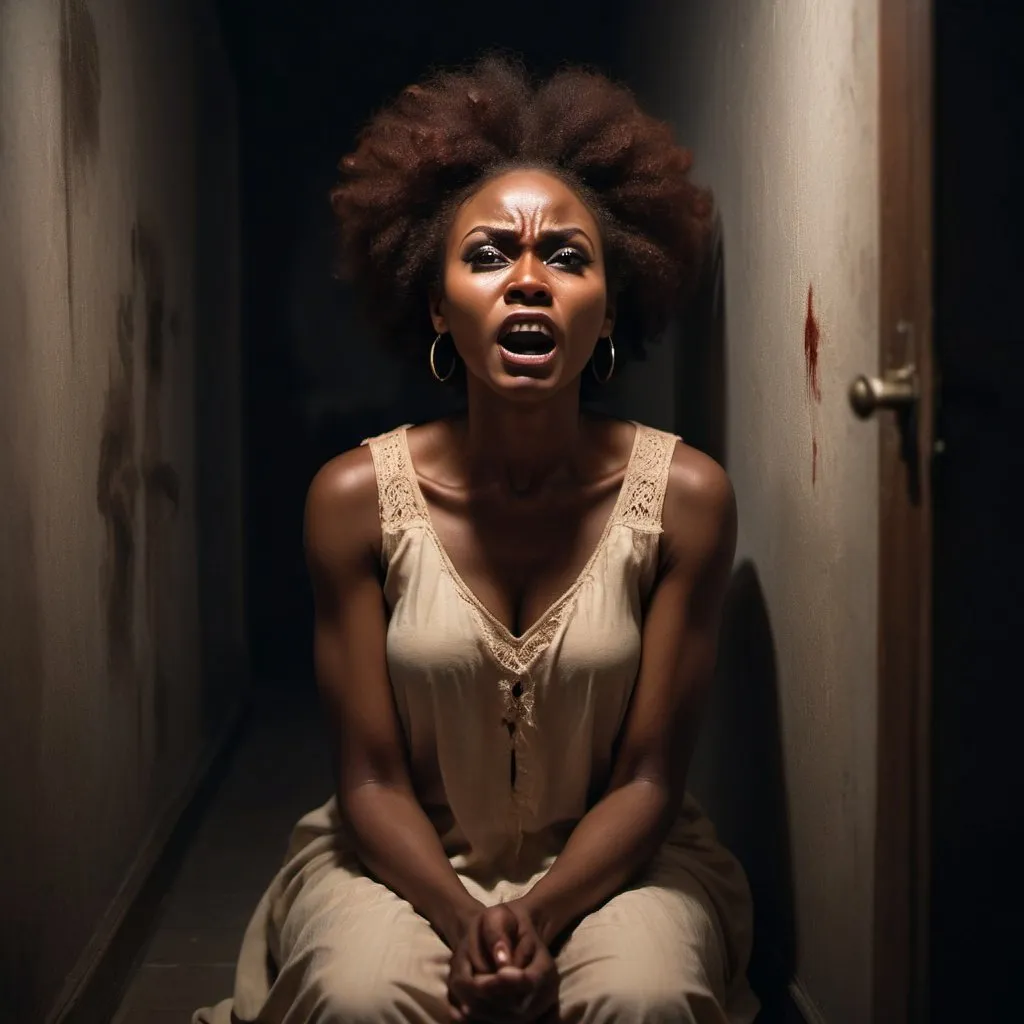 Prompt: an african beautiful brown lady having demonic Spiritual Attacks sitting in a dark corner, scared  ghosts attacking