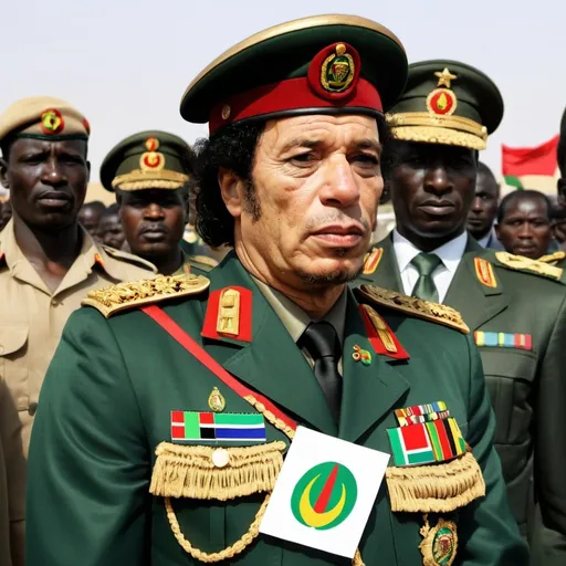 Prompt: Muammar Gaddafi in military uniform , HOLDING The AFRICAS MAP, african union flag behind him  in a military parade
