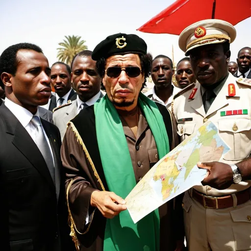 Prompt: Muammar Gaddafi in military uniform , HOLDING AFRICAS MAP, african union flag behind him, He shpuld be  surrounded by women bodyguards. the bodyguards all in wearing hijab and military gear. the bodyguards should be FEMALE ARABS AND BLACKS.