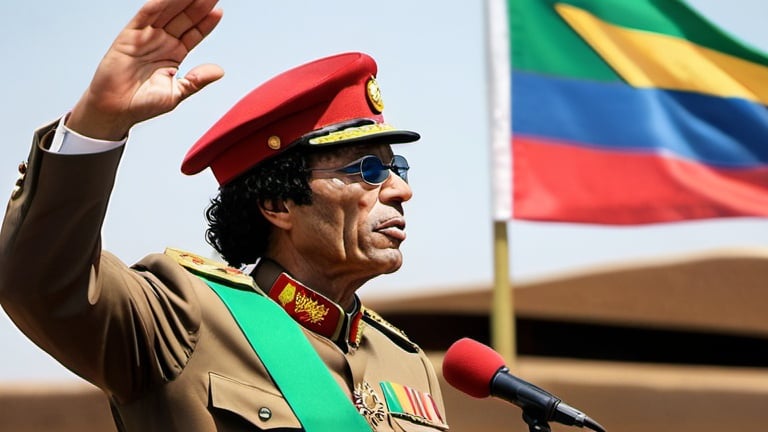 Prompt: Title: "Legacy of Unity"

Description: In a grand military parade, an imposing figure reminiscent of Muammar Gaddafi stands tall, adorned in a dignified military uniform. His gaze is resolute, reflecting determination and vision. With one hand, he firmly holds aloft the map of Africa, symbolizing a commitment to the continent's unity and sovereignty. Behind him, the African Union flag billows proudly, a testament to collective strength and solidarity. The atmosphere is charged with a sense of pride, resilience, and hope for a united Africa. The scene is set against a backdrop of vibrant colors and spirited cheers, echoing the spirit of solidarity and progress.
