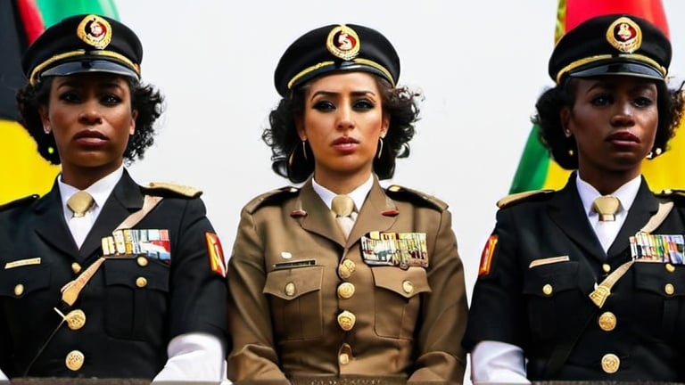 Prompt: Title: "Legacy of Unity"

Description: In a grand military parade, an imposing figure reminiscent of Muammar Gaddafi stands tall, adorned in a dignified military uniform. His gaze is resolute, reflecting determination and vision. With one hand, Muammar Gaddafi in military uniform shinning , HOLDING AFRICAS MAP, african union flag behind him, He is surrounded by female bodyguards all in wearing hijab and military gear. the bodyguards should be FEMALE ARABS AND BLACKS.
