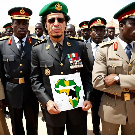 Prompt: Muammar Gaddafi in military uniform , HOLDING AFRICAS MAP, african union flag behind him, He shpuld be  surrounded by women bodyguards. the bodyguards all in wearing hijab and military gear. the bodyguards should be FEMALE ARABS AND BLACKS.