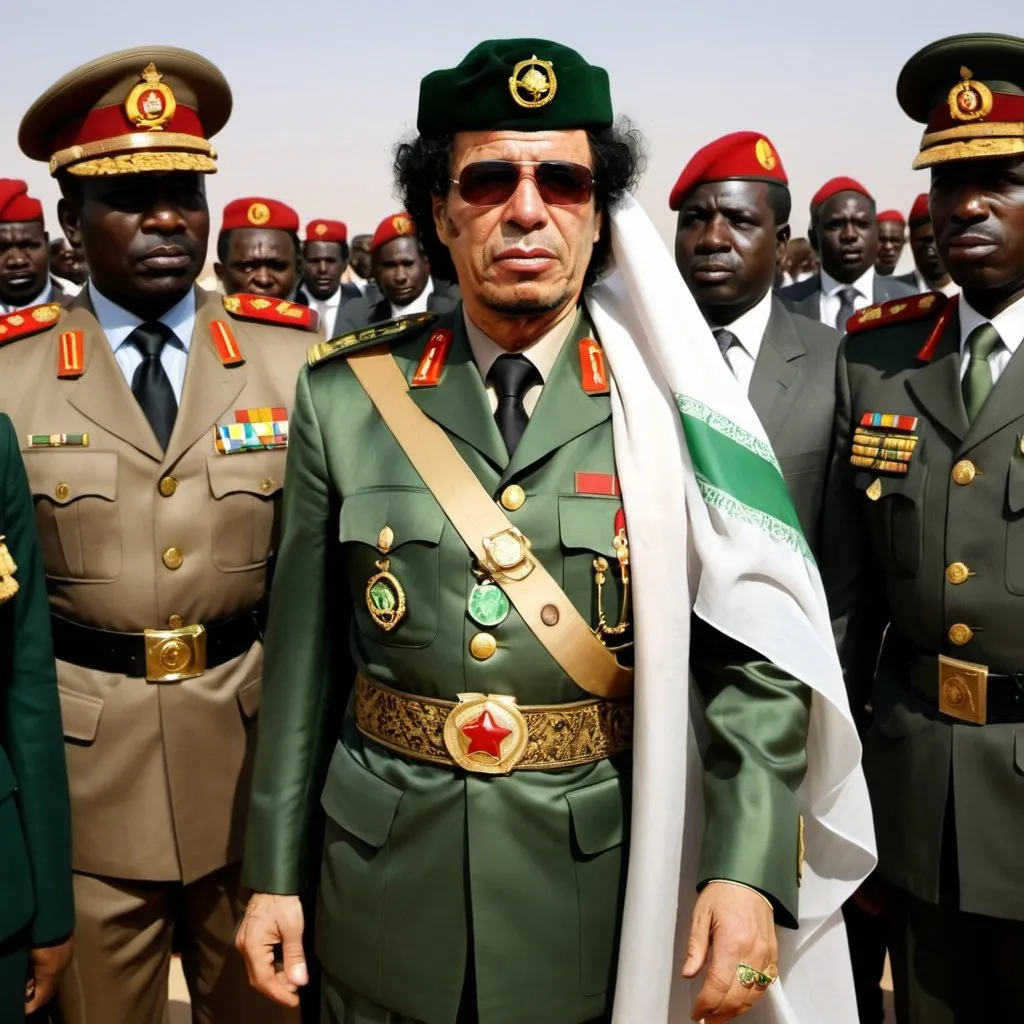 Muammar Gaddafi in military uniform shinning like a...