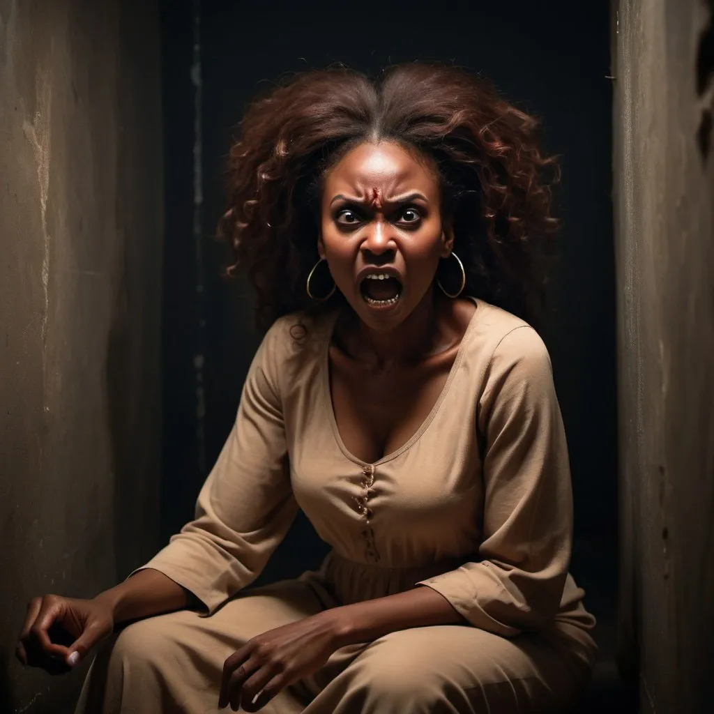 Prompt: an african beautiful brown lady having demonic Spiritual Attacks sitting in a dark corner, scared  ghosts attacking